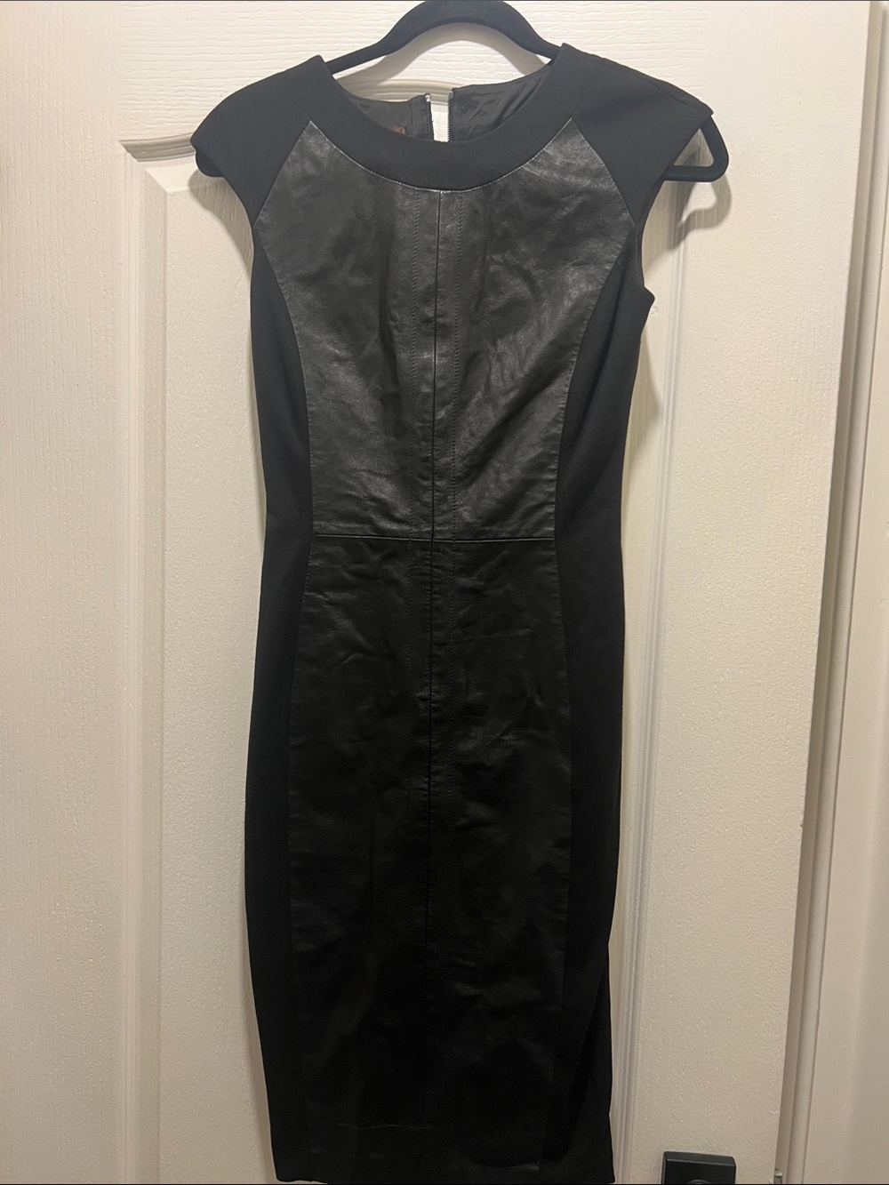 Danier Black Faux Leather-Panel Midi Sheath Dress